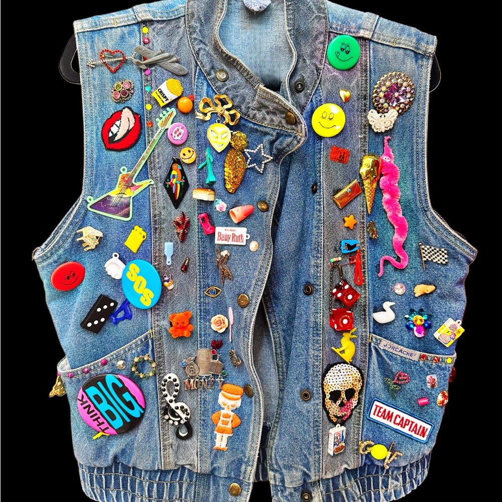 Vintage Jordache Denim Vest OOAK with Brooches, Pins, and Toys - Picture 4 of 8